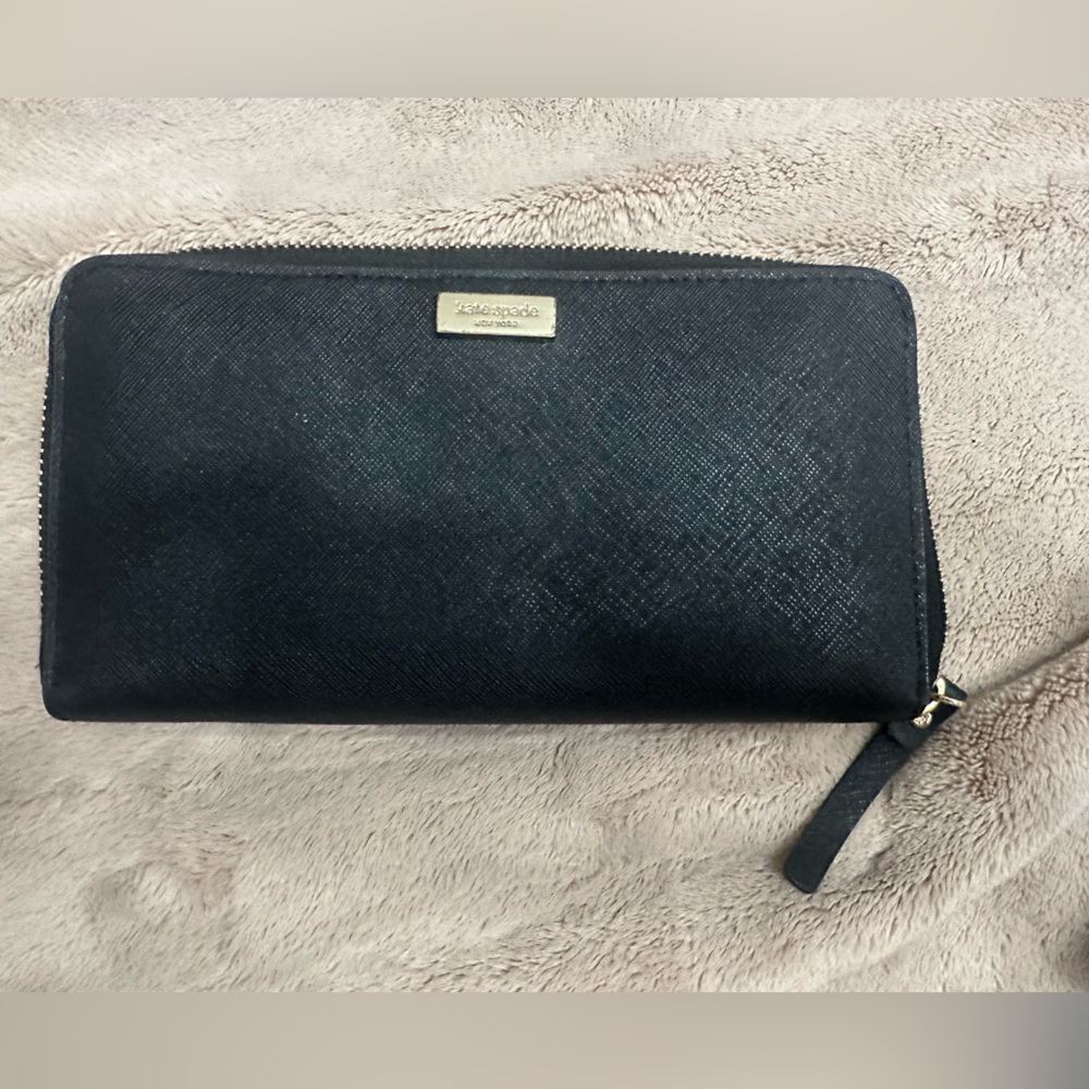 Kate Spade Black Zip-Around Wallet with Gold Logo